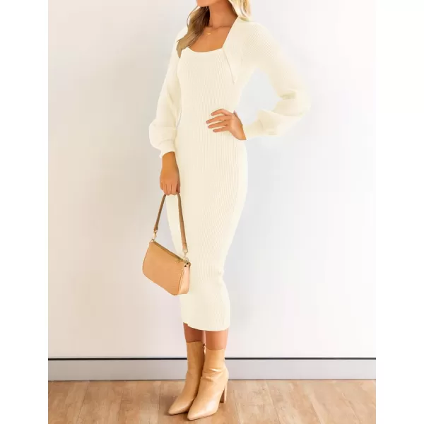 imageZESICA Womens 2023 Square Neck Sweater Dress Puff Long Sleeve Slim Fit Bodycon Fall Winter Ribbed Knit DresssIvory