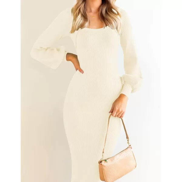 imageZESICA Womens 2023 Square Neck Sweater Dress Puff Long Sleeve Slim Fit Bodycon Fall Winter Ribbed Knit DresssIvory