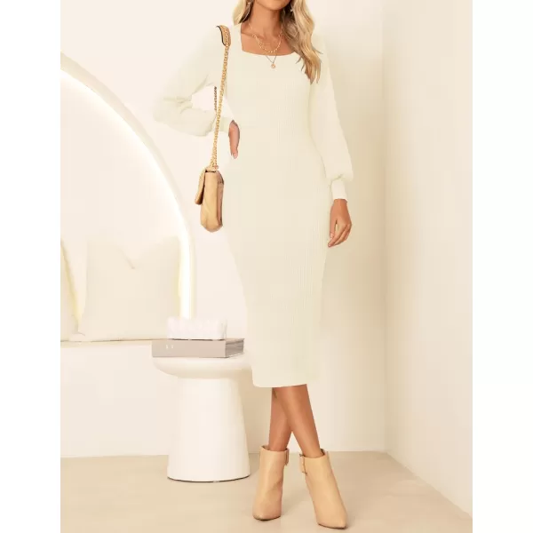 imageZESICA Womens 2023 Square Neck Sweater Dress Puff Long Sleeve Slim Fit Bodycon Fall Winter Ribbed Knit DresssIvory