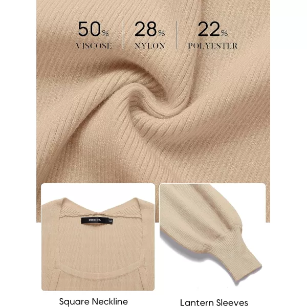 imageZESICA Womens 2023 Square Neck Sweater Dress Puff Long Sleeve Slim Fit Bodycon Fall Winter Ribbed Knit DresssLightkhaki