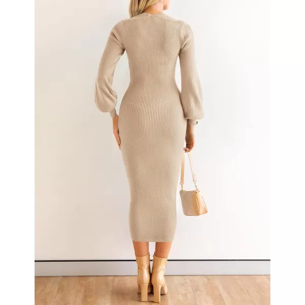 imageZESICA Womens 2023 Square Neck Sweater Dress Puff Long Sleeve Slim Fit Bodycon Fall Winter Ribbed Knit DresssLightkhaki