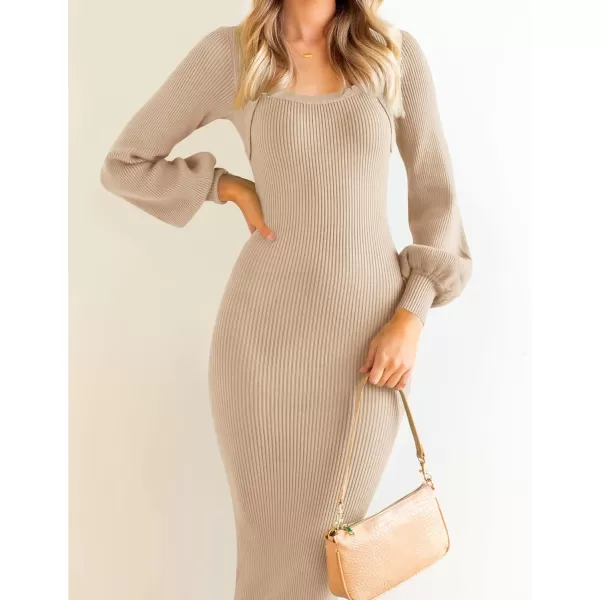 imageZESICA Womens 2023 Square Neck Sweater Dress Puff Long Sleeve Slim Fit Bodycon Fall Winter Ribbed Knit DresssLightkhaki