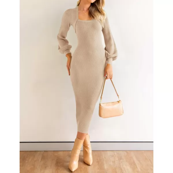 imageZESICA Womens 2023 Square Neck Sweater Dress Puff Long Sleeve Slim Fit Bodycon Fall Winter Ribbed Knit DresssLightkhaki
