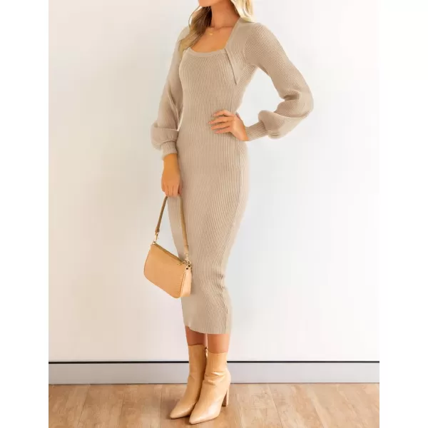 imageZESICA Womens 2023 Square Neck Sweater Dress Puff Long Sleeve Slim Fit Bodycon Fall Winter Ribbed Knit DresssLightkhaki