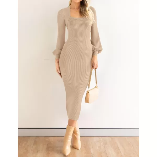 imageZESICA Womens 2023 Square Neck Sweater Dress Puff Long Sleeve Slim Fit Bodycon Fall Winter Ribbed Knit DresssLightkhaki