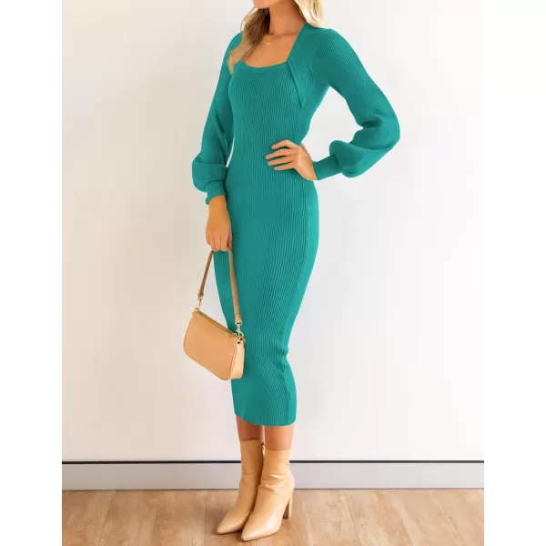 imageZESICA Womens 2023 Square Neck Sweater Dress Puff Long Sleeve Slim Fit Bodycon Fall Winter Ribbed Knit DresssPeacock