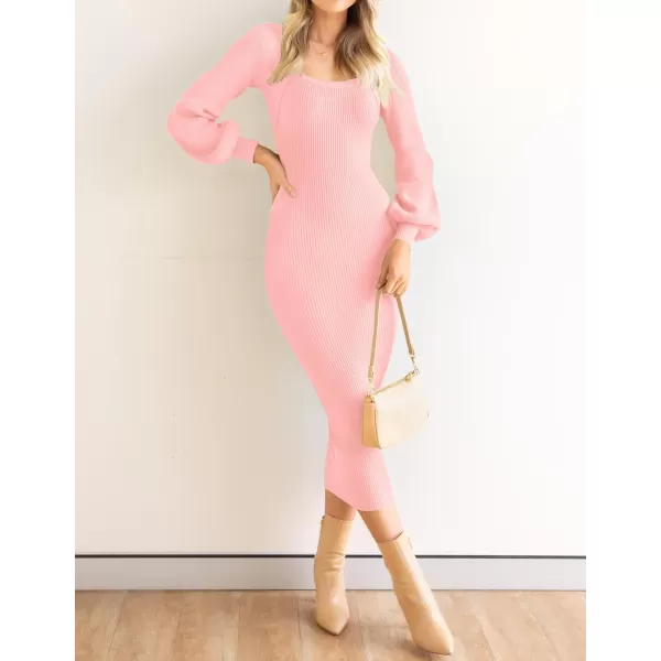 imageZESICA Womens 2023 Square Neck Sweater Dress Puff Long Sleeve Slim Fit Bodycon Fall Winter Ribbed Knit DresssPink