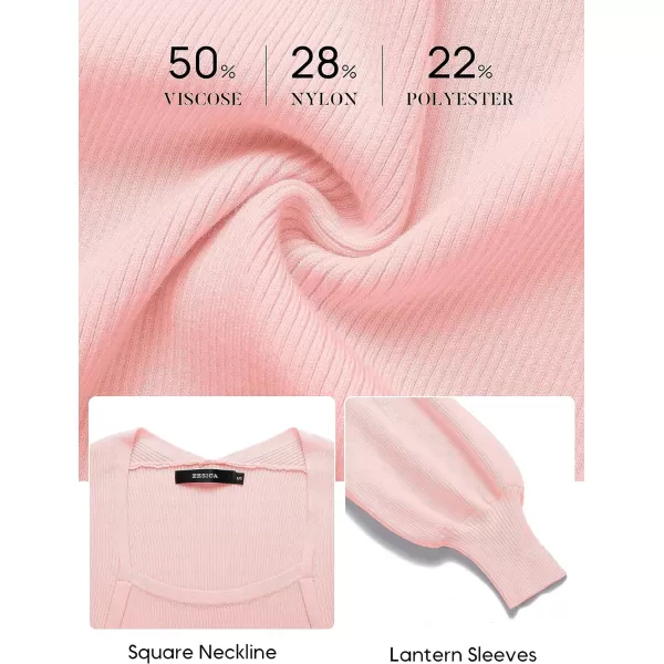 imageZESICA Womens 2023 Square Neck Sweater Dress Puff Long Sleeve Slim Fit Bodycon Fall Winter Ribbed Knit DresssPink
