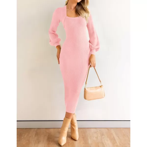 imageZESICA Womens 2023 Square Neck Sweater Dress Puff Long Sleeve Slim Fit Bodycon Fall Winter Ribbed Knit DresssPink