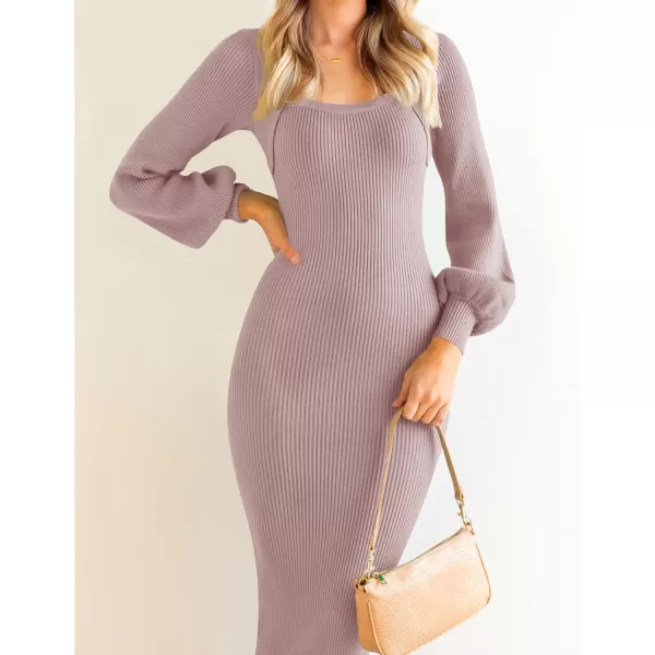 imageZESICA Womens 2023 Square Neck Sweater Dress Puff Long Sleeve Slim Fit Bodycon Fall Winter Ribbed Knit DresssPurple