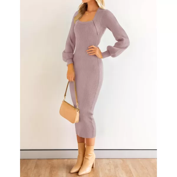 imageZESICA Womens 2023 Square Neck Sweater Dress Puff Long Sleeve Slim Fit Bodycon Fall Winter Ribbed Knit DresssPurple