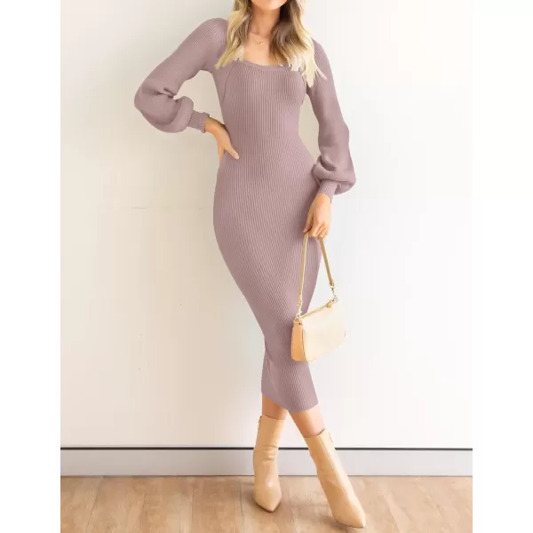 imageZESICA Womens 2023 Square Neck Sweater Dress Puff Long Sleeve Slim Fit Bodycon Fall Winter Ribbed Knit DresssPurple