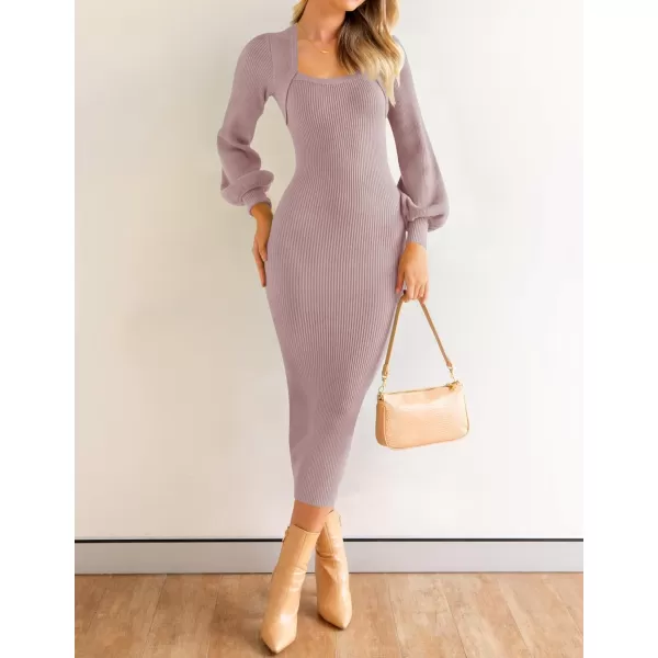 imageZESICA Womens 2023 Square Neck Sweater Dress Puff Long Sleeve Slim Fit Bodycon Fall Winter Ribbed Knit DresssPurple