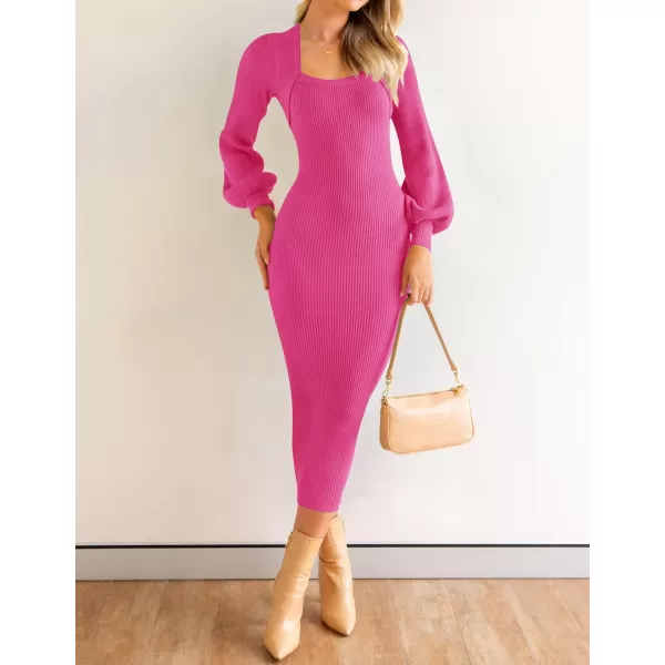 imageZESICA Womens 2023 Square Neck Sweater Dress Puff Long Sleeve Slim Fit Bodycon Fall Winter Ribbed Knit DresssRose