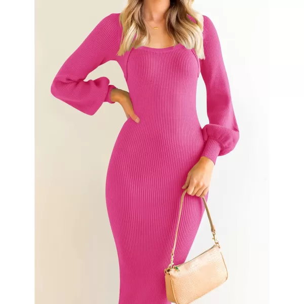 imageZESICA Womens 2023 Square Neck Sweater Dress Puff Long Sleeve Slim Fit Bodycon Fall Winter Ribbed Knit DresssRose