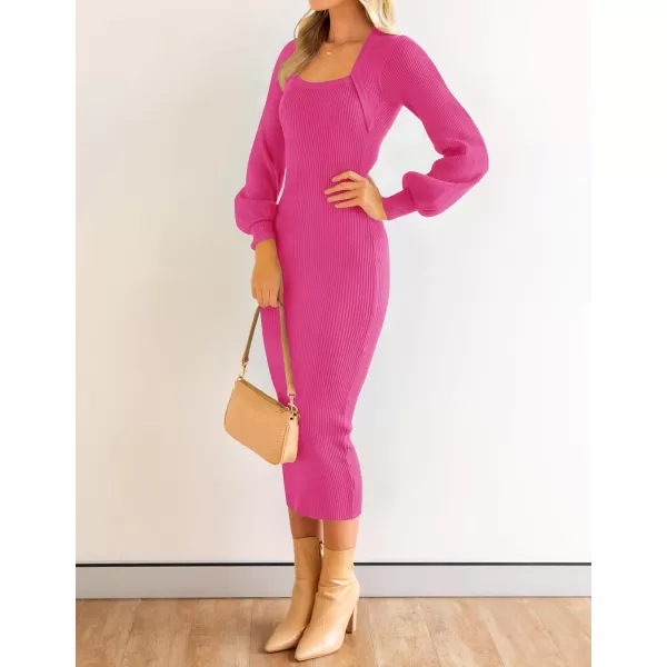imageZESICA Womens 2023 Square Neck Sweater Dress Puff Long Sleeve Slim Fit Bodycon Fall Winter Ribbed Knit DresssRose