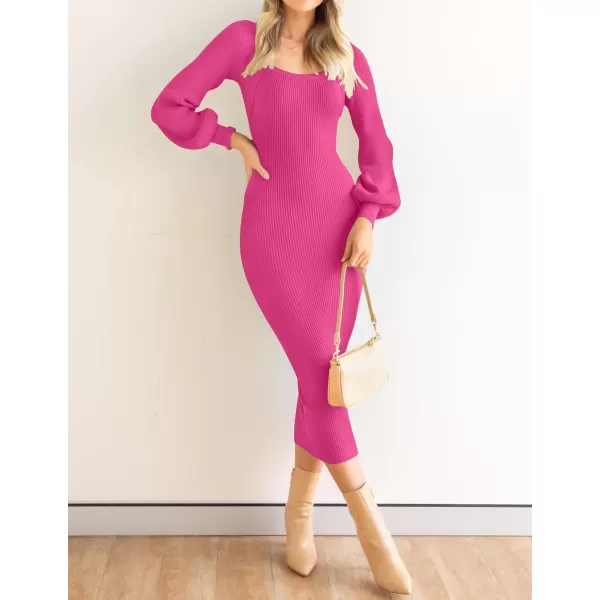 imageZESICA Womens 2023 Square Neck Sweater Dress Puff Long Sleeve Slim Fit Bodycon Fall Winter Ribbed Knit DresssRose