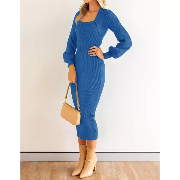imageZESICA Womens 2023 Square Neck Sweater Dress Puff Long Sleeve Slim Fit Bodycon Fall Winter Ribbed Knit DresssRoyalblue