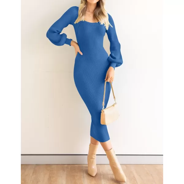 imageZESICA Womens 2023 Square Neck Sweater Dress Puff Long Sleeve Slim Fit Bodycon Fall Winter Ribbed Knit DresssRoyalblue