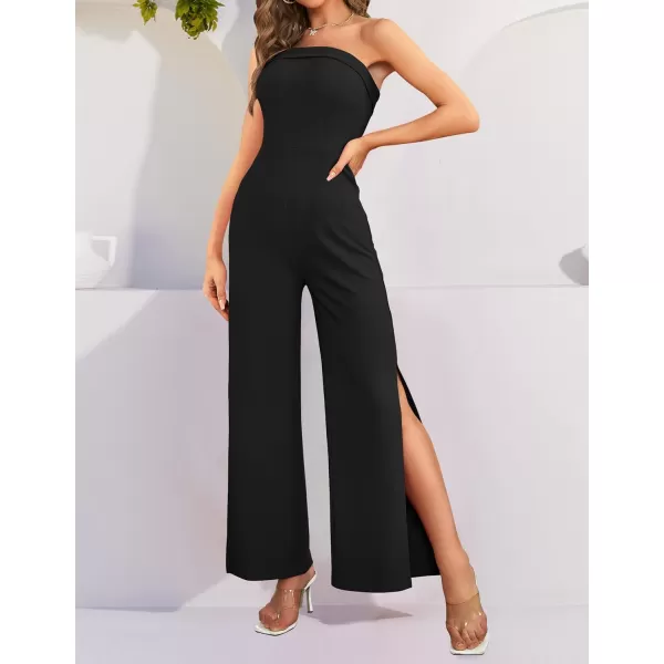 imageZESICA Womens 2023 Strapless Jumpsuit Casual Off Shoulder High Waist Wide Leg Side Slit Long Romper Playsuits with PocketsBlack