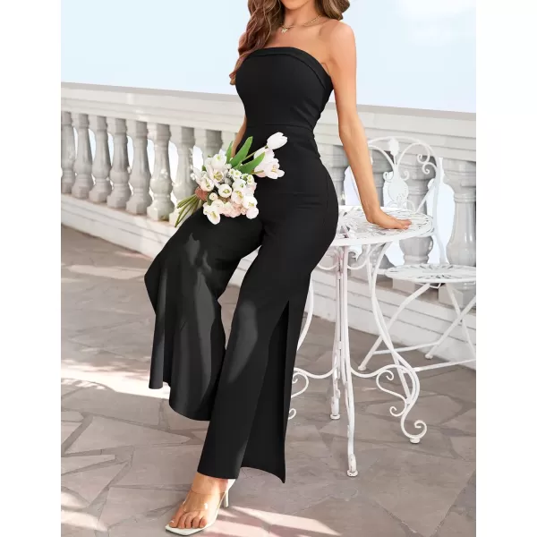imageZESICA Womens 2023 Strapless Jumpsuit Casual Off Shoulder High Waist Wide Leg Side Slit Long Romper Playsuits with PocketsBlack