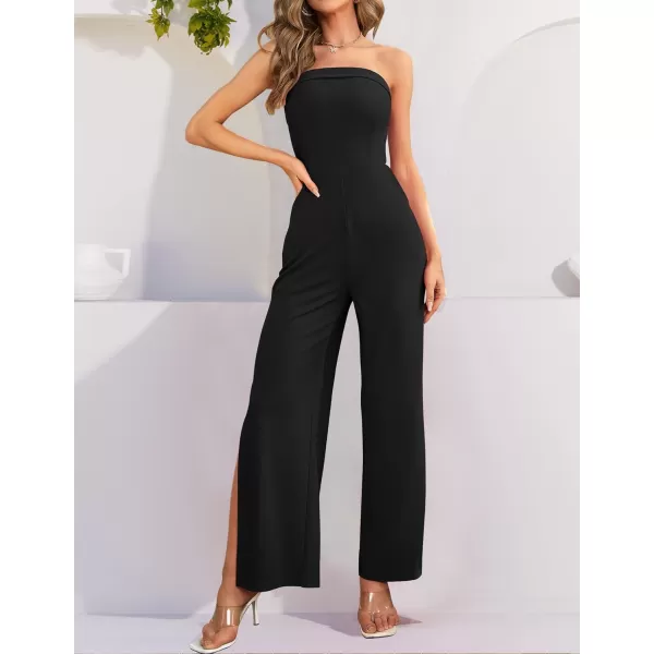 imageZESICA Womens 2023 Strapless Jumpsuit Casual Off Shoulder High Waist Wide Leg Side Slit Long Romper Playsuits with PocketsBlack