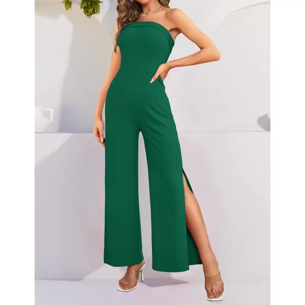 imageZESICA Womens 2023 Strapless Jumpsuit Casual Off Shoulder High Waist Wide Leg Side Slit Long Romper Playsuits with PocketsDarkgreen
