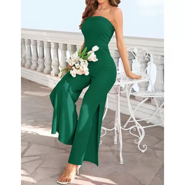 imageZESICA Womens 2023 Strapless Jumpsuit Casual Off Shoulder High Waist Wide Leg Side Slit Long Romper Playsuits with PocketsDarkgreen