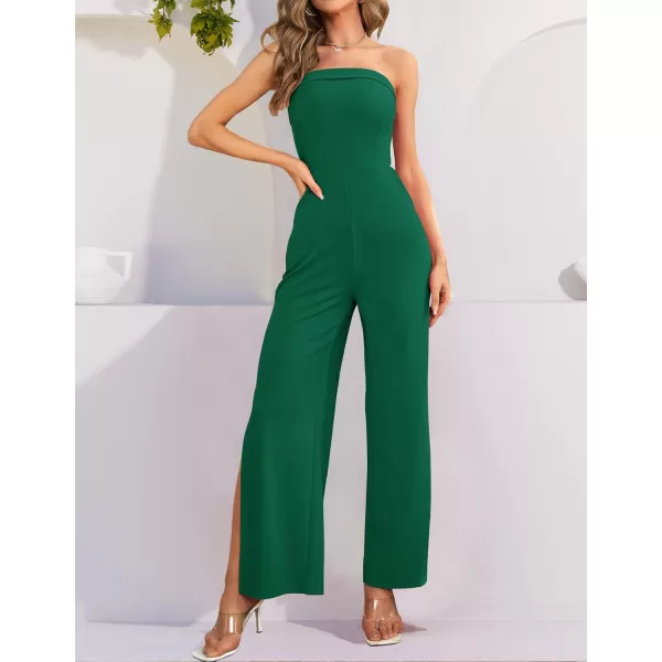 imageZESICA Womens 2023 Strapless Jumpsuit Casual Off Shoulder High Waist Wide Leg Side Slit Long Romper Playsuits with PocketsDarkgreen
