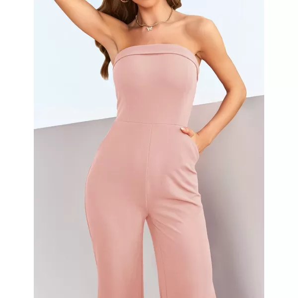 imageZESICA Womens 2023 Strapless Jumpsuit Casual Off Shoulder High Waist Wide Leg Side Slit Long Romper Playsuits with PocketsDustypink
