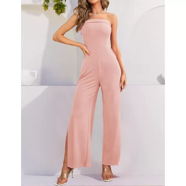 imageZESICA Womens 2023 Strapless Jumpsuit Casual Off Shoulder High Waist Wide Leg Side Slit Long Romper Playsuits with PocketsDustypink