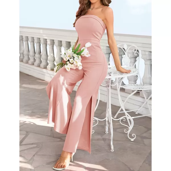 imageZESICA Womens 2023 Strapless Jumpsuit Casual Off Shoulder High Waist Wide Leg Side Slit Long Romper Playsuits with PocketsDustypink