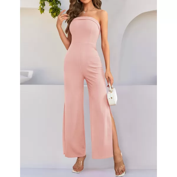imageZESICA Womens 2023 Strapless Jumpsuit Casual Off Shoulder High Waist Wide Leg Side Slit Long Romper Playsuits with PocketsDustypink