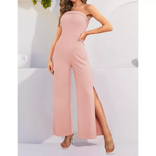 imageZESICA Womens 2023 Strapless Jumpsuit Casual Off Shoulder High Waist Wide Leg Side Slit Long Romper Playsuits with PocketsDustypink