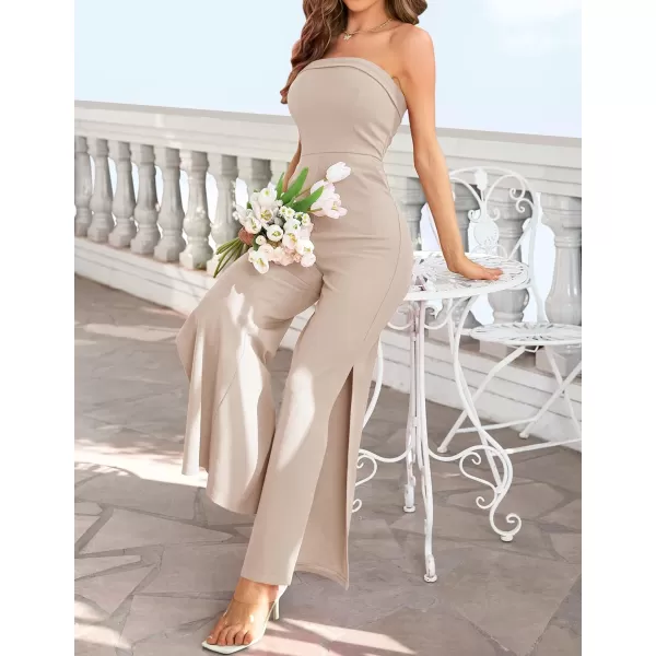 imageZESICA Womens 2023 Strapless Jumpsuit Casual Off Shoulder High Waist Wide Leg Side Slit Long Romper Playsuits with PocketsGreyapricot