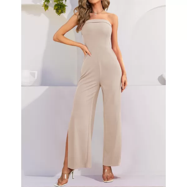 imageZESICA Womens 2023 Strapless Jumpsuit Casual Off Shoulder High Waist Wide Leg Side Slit Long Romper Playsuits with PocketsGreyapricot