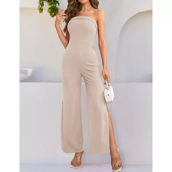 imageZESICA Womens 2023 Strapless Jumpsuit Casual Off Shoulder High Waist Wide Leg Side Slit Long Romper Playsuits with PocketsGreyapricot