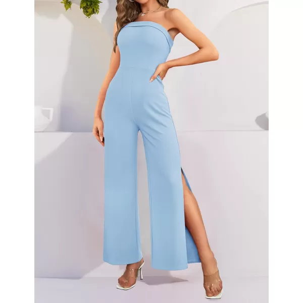 imageZESICA Womens 2023 Strapless Jumpsuit Casual Off Shoulder High Waist Wide Leg Side Slit Long Romper Playsuits with PocketsLightblue