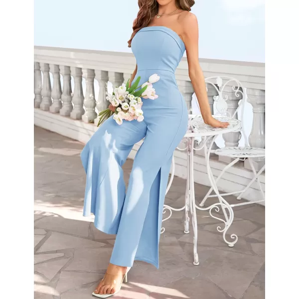 imageZESICA Womens 2023 Strapless Jumpsuit Casual Off Shoulder High Waist Wide Leg Side Slit Long Romper Playsuits with PocketsLightblue
