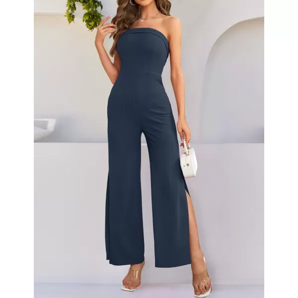 imageZESICA Womens 2023 Strapless Jumpsuit Casual Off Shoulder High Waist Wide Leg Side Slit Long Romper Playsuits with PocketsNavy