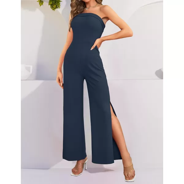 imageZESICA Womens 2023 Strapless Jumpsuit Casual Off Shoulder High Waist Wide Leg Side Slit Long Romper Playsuits with PocketsNavy