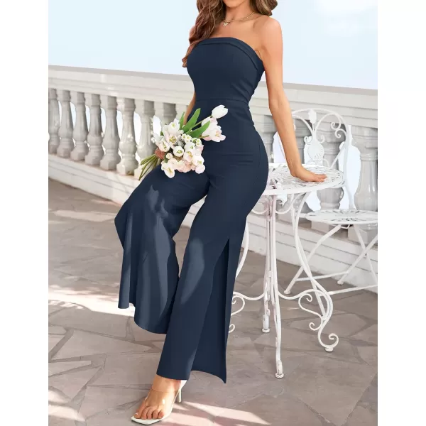 imageZESICA Womens 2023 Strapless Jumpsuit Casual Off Shoulder High Waist Wide Leg Side Slit Long Romper Playsuits with PocketsNavy
