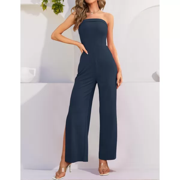 imageZESICA Womens 2023 Strapless Jumpsuit Casual Off Shoulder High Waist Wide Leg Side Slit Long Romper Playsuits with PocketsNavy
