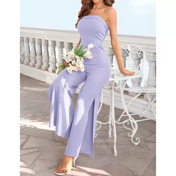 imageZESICA Womens 2023 Strapless Jumpsuit Casual Off Shoulder High Waist Wide Leg Side Slit Long Romper Playsuits with PocketsPurple