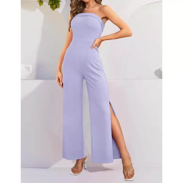 imageZESICA Womens 2023 Strapless Jumpsuit Casual Off Shoulder High Waist Wide Leg Side Slit Long Romper Playsuits with PocketsPurple