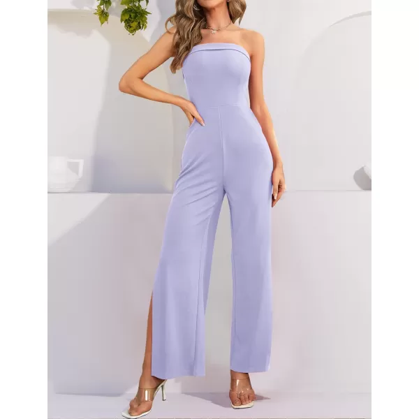 imageZESICA Womens 2023 Strapless Jumpsuit Casual Off Shoulder High Waist Wide Leg Side Slit Long Romper Playsuits with PocketsPurple