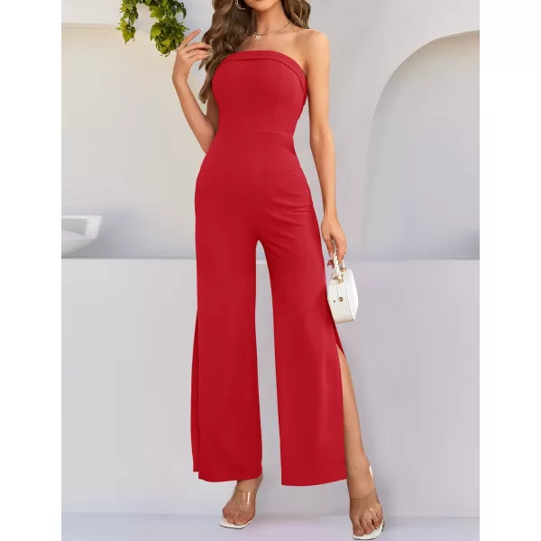 imageZESICA Womens 2023 Strapless Jumpsuit Casual Off Shoulder High Waist Wide Leg Side Slit Long Romper Playsuits with PocketsRed