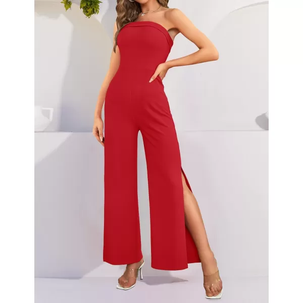 imageZESICA Womens 2023 Strapless Jumpsuit Casual Off Shoulder High Waist Wide Leg Side Slit Long Romper Playsuits with PocketsRed