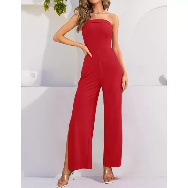 imageZESICA Womens 2023 Strapless Jumpsuit Casual Off Shoulder High Waist Wide Leg Side Slit Long Romper Playsuits with PocketsRed