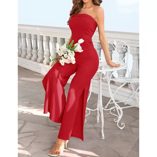 imageZESICA Womens 2023 Strapless Jumpsuit Casual Off Shoulder High Waist Wide Leg Side Slit Long Romper Playsuits with PocketsRed